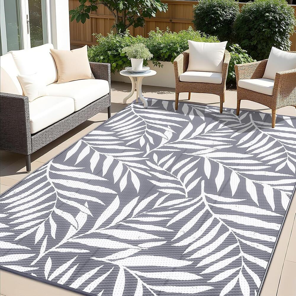 OLANLY Outdoor Rug 6x9 Grey White Reversible Waterproof Patio RV Camping New